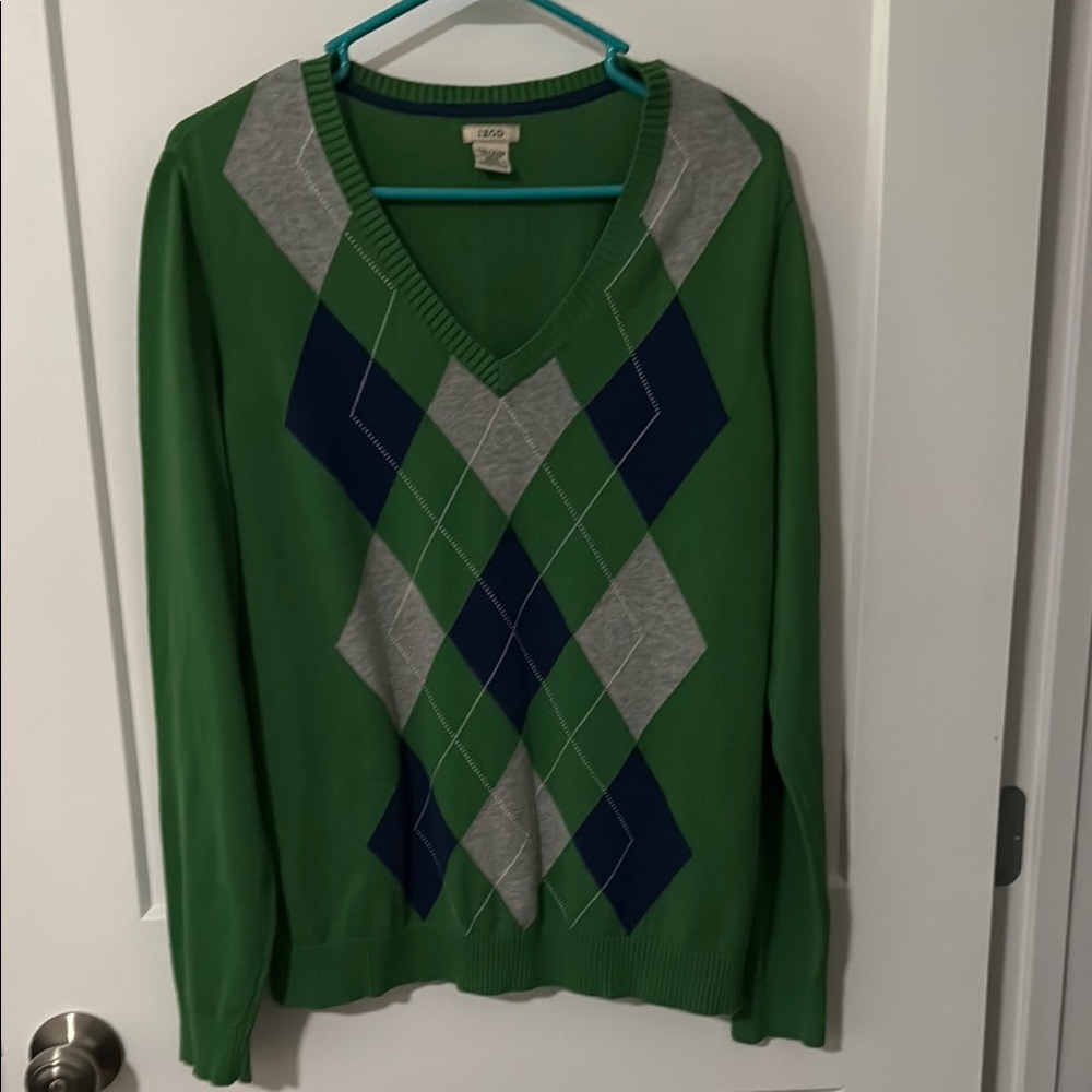 Izod Green and Blue Argyle V-Neck Sweater